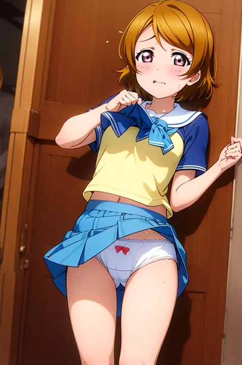 Koizumi_hanayo,Official Art,uniform,Drenched in sweat,Sweaty,  Heavy breathing,Red face,Dull Hair,Disgust,anger, Are standing , Exposed armpits, Exposed crotch, Exposed groin, Exposed pubic bone,Ahoge,((Skirt lift up)),Panties in full view