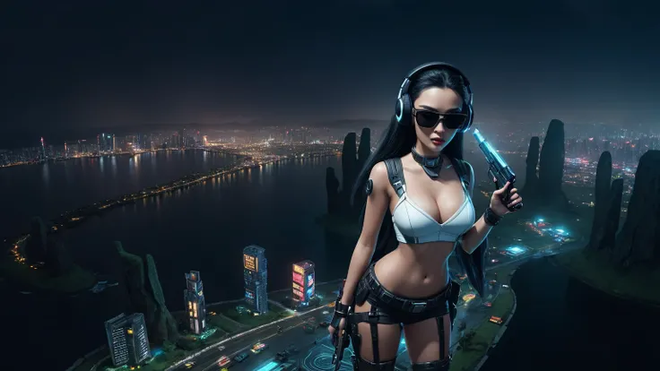 At night, dark sky, distant shot aerial view of fantasy cyberpunk style ((Moai-statue)) city, ((flying vehicle)). ((1girl, solo, alone)), medium-breast:1.1 slim body, cleavage, sexy clothes, (headphone, black sunglasses, long black realistic hair), (((hip-...