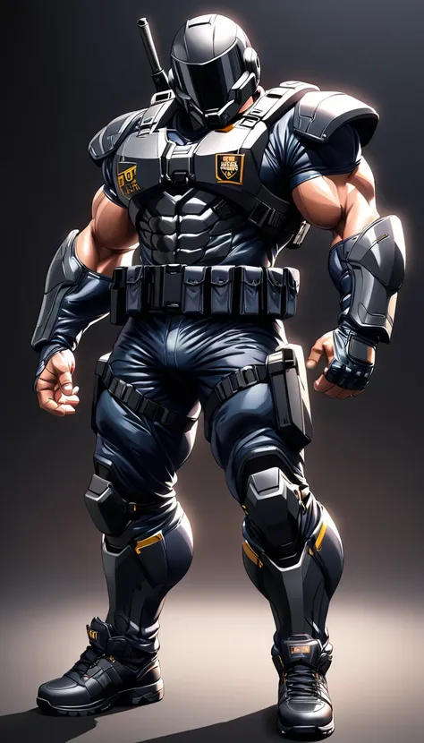 highly detailed anime style digital illustration,muscular man,wearing tactical fbi uniform,wearing riot helmet,standing,big body...