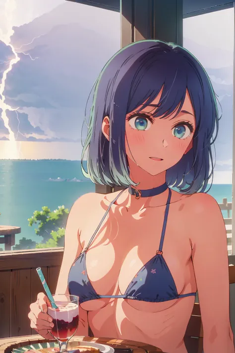 (Highest quality:1.4、masterpiece:1.4、Super detailed:1.4、8K:1.4)、((((1 person、Surprised expression、sit、Indoor cafe terrace、coastal、juice、table、Sandy Beach、juiceのグラスを持つ、Micro Bikini、Very soft boobs、Big eyes、Very cute face))))、(with a thunderstorm:1.4)、F cup ...