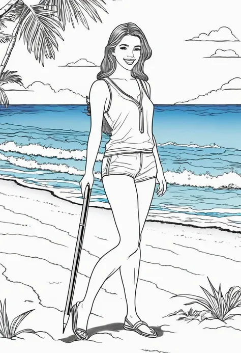 I need a pencil coloring picture of miss summer on a tropical beach --ar 3:4