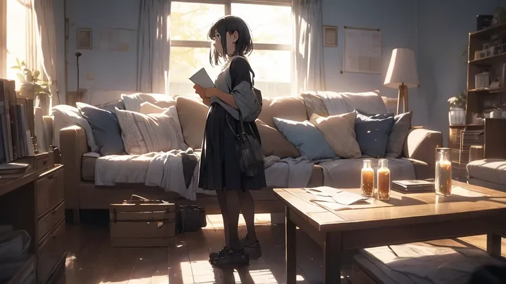 An anime girl standing alone in a dimly lit room, with a melancholic expression on her face. She is holding a photograph of someone she once admired, symbolizing her lost dreams and broken expectations. The background features a large window with city ligh...