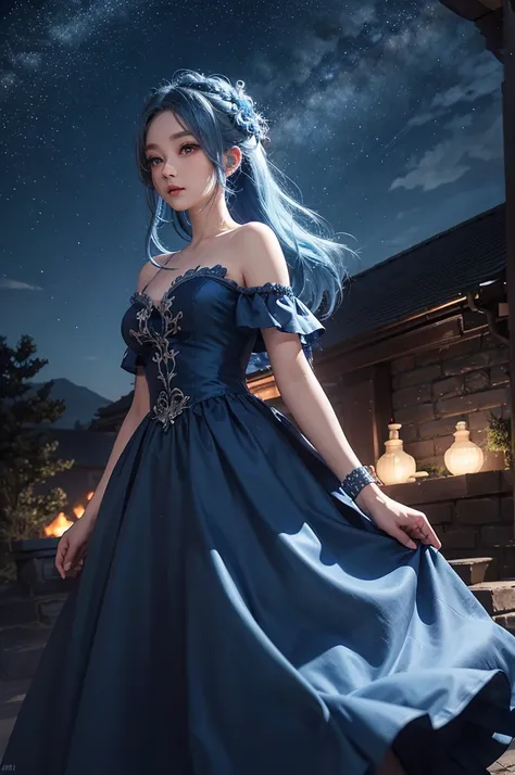 Ultra HD、A beautiful blue-haired character、Cute big eyes、Red burning cheeks、Night scene with starry sky background、Wearing a gorgeous dress、Subtle details、A fantastic atmosphere、Anime style