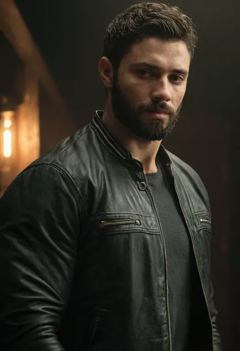 ((best qualityer)), ((realistic shoulders)), (detailded), 1 young 26-year-old man in an extremely dark room with poor lighting, He has a trimmed beard and short hair back and little muscle., dressed in dark clothes , dark shirt and dark jacket