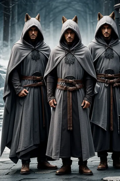 3 anthropormorphic wolves wearing a gray hooded robes