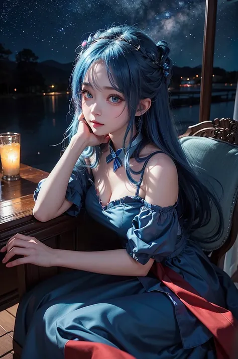 Ultra HD、A beautiful blue-haired character、Cute big eyes、Red burning cheeks、Night scene with starry sky background、Wearing a gorgeous dress、Subtle details、A fantastic atmosphere、Anime style