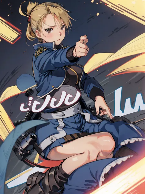 masterpiece, Highest quality, High resolution, Riza Hawkeye, One girl, (Crouch down and aim your handgun), Folded ponytail, Brown eyes, , (uniform, Blue jacket, Blue pants), ,Big Breasts, Black innerwear
