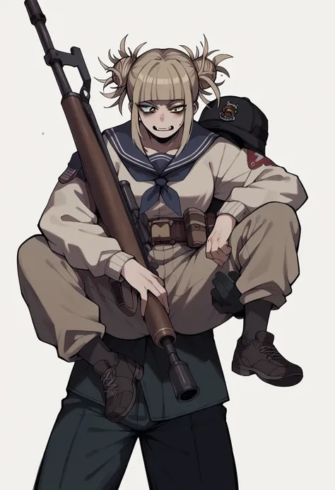 Himiko toga in a war zone while carrying a large high caliber sniper (whole body)