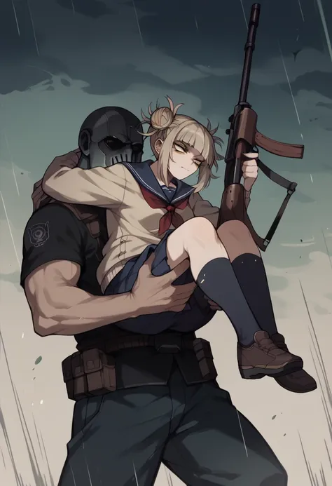 himiko toga in a war zone while carrying a large high caliber sniper (whole body)