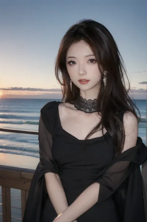 1girl, high quality, masterpiece, standing, looking at viewer, mole, black dress, see-through, lace trim ,upper body,ocean, small breasts, mole, parted lips, night, crescent, dim light, 