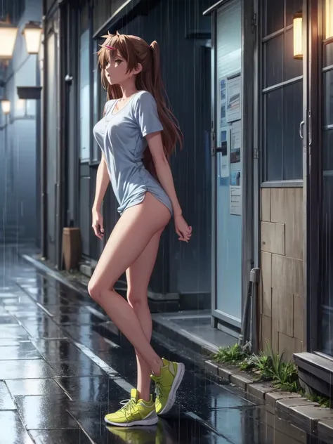 Girl, blue short tight dress , Bare breasts, chest visible, street  background, Narrow passage between houses, night, rain, slim body, In full growth, Sneakers, small breast, You can see the ass 
