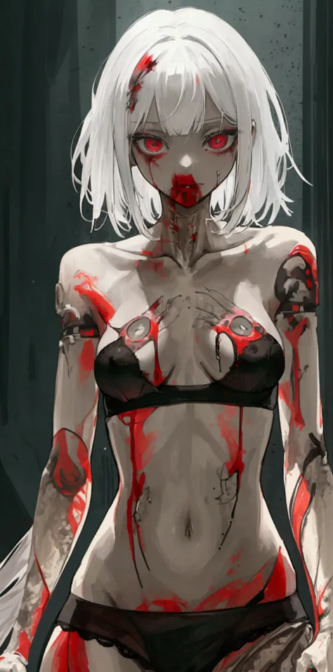 ((Best masterpiece, Perfect quality, Ultra detailed)), A skinny girl, With small bust, With white hair, Is parasitic, Wearing black bra, Wearing black panty, Naked limbs, Injured body, Bloody wounds, Mutated limbs, Parasites, Grotesque, Full body