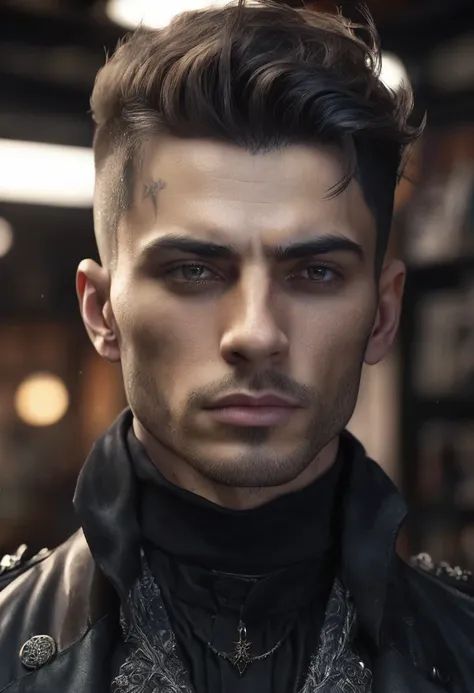 1 man, inside a dark tattoo studio, wearing dark clothes, detailed facial features, masculine eyes, detailed light skin, dark medium length hair, strong and serious expression, dramatic lighting, cinematic composition, cold and dark, no beard, androgine pr...