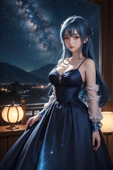 Ultra HD、A beautiful blue-haired character、Cute big eyes、Red burning cheeks、Night scene with starry sky background、Wearing a gorgeous dress、Subtle details、A fantastic atmosphere、Anime style