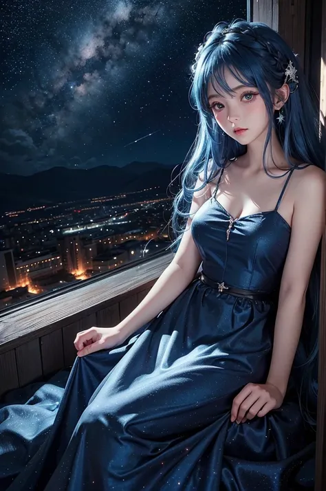 Ultra HD、A beautiful blue-haired character、Cute big eyes、Red burning cheeks、Night scene with starry sky background、Wearing a gorgeous dress、Subtle details、A fantastic atmosphere、Anime style