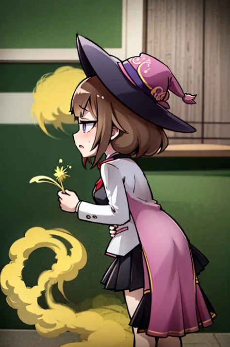 Witch Hat (Brown Hair) Long Hair (((Small breasts))) (Purple Eyes) (((child))) (Slanted Eyes) (((low length))) ,(Turn around)  (((solo))),  Embarrassed,  blush, uniform、 (((A girl farts)))Standing with legs together
、(Holding on)((Her butt is facing me))  ...