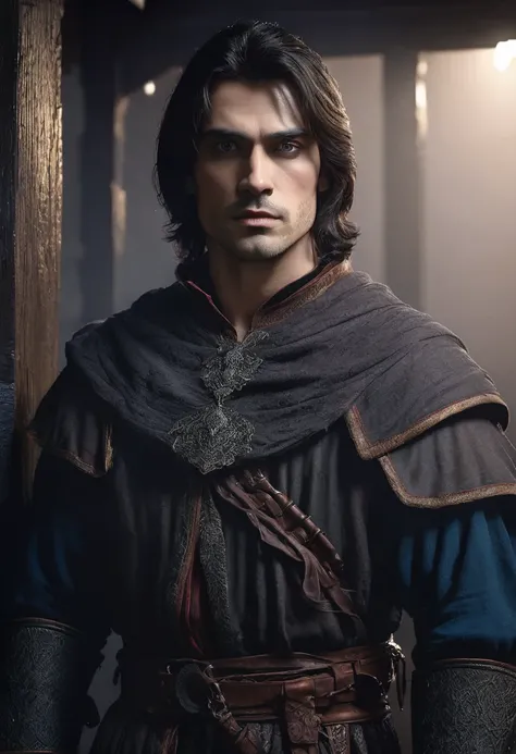 1 man, inside a dark house, wearing clothing in dark, medieval colors, detailed facial features, masculine eyes, detailed light skin, medium-length dark hair, strong and serious expression, dramatic lighting, cinematic composition, cold and dark, atmospher...