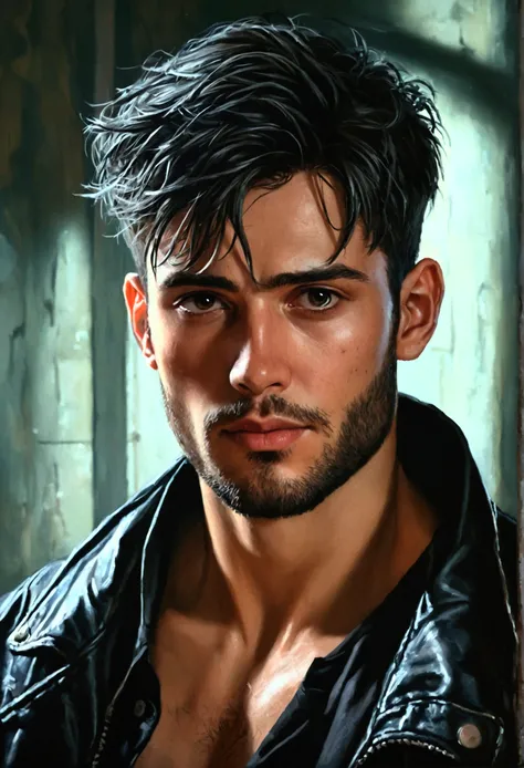 ((best qualityer)), ((realistic shoulders)), (detailded), 1 young 26-year-old man in an extremely dark room with poor lighting, He has a trimmed beard and short hair back and little muscle., dressed in dark clothes , dark shirt and dark jacket