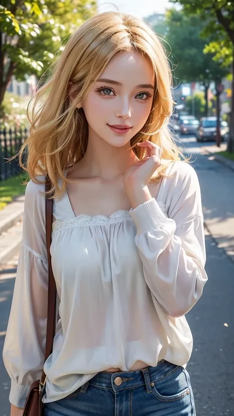 (Highest quality, Super detailed, Realistic: 1.39), The face of a mischievous 29-year-old teenager, Bright and vibrant colors, Studio Lighting, Romantic expression, Perfect big , Cute blouse, Long sleeve, jeans, Short blonde, Bob Style, Van blown by the wi...