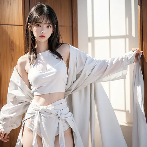 日本people、１people、The most beautiful woman、clear、Shiny black hair、Photo Style、length, bangs、light makeup、Standard face、(((Wearing a white Etchu loincloth)))、((Light clothing:1.5))、(She is hiding her breasts by wrapping a cloth around her chest.)、Summer fest...