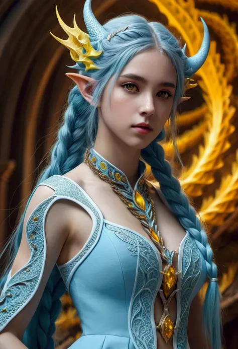 (beautiful and aesthetic:1.2), (1girl),(fractal art:1.3),colorful, cute young girl, light blue hair, long hair, small braids hair, yellow eyes, elf ears, dragon tail, dragon thorn, muscular body, small breast, light blue dress