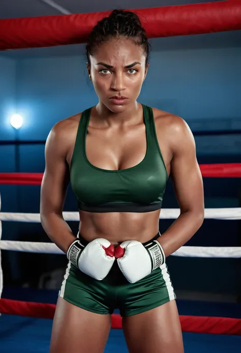 A woman in a boxing ring, wmma. A woman in a black tank top and red boxing gloves. Portrait of a female boxer during a break in the ring. She is leaning against the red ropes of the ring, leaning forward slightly. he appears to be catching his breath, with...