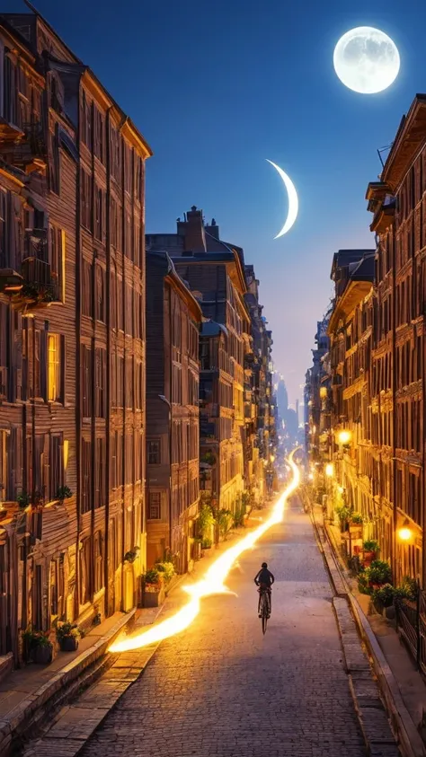 a prince riding a white unicorn, city with tenement buildings, prominent balconies and stairs, prince in the center of image, colors matching background, crescent moon above, moonlight shining on prince, faint bluish fire burning on upper part of buildings...