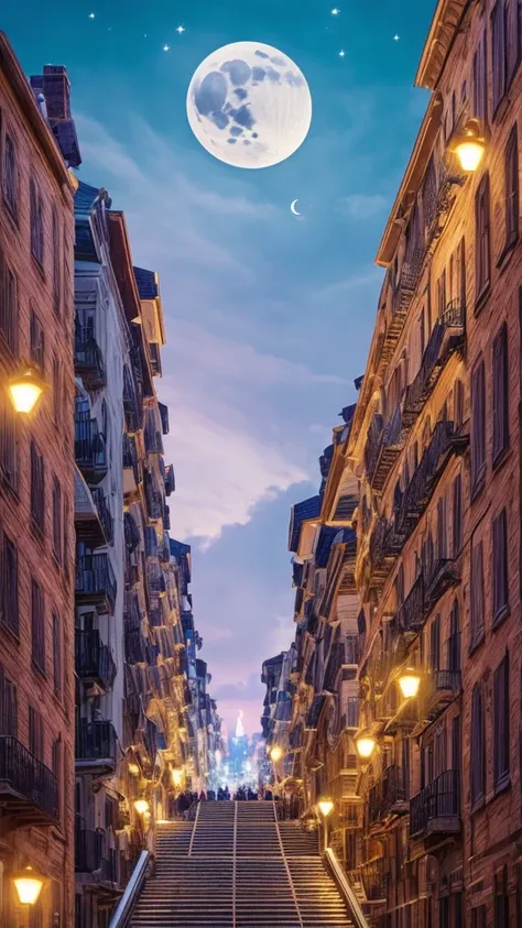 a prince riding a white unicorn, city with tenement buildings, prominent balconies and stairs, prince in the center of image, colors matching background, crescent moon above, moonlight shining on prince, faint bluish fire burning on upper part of buildings...