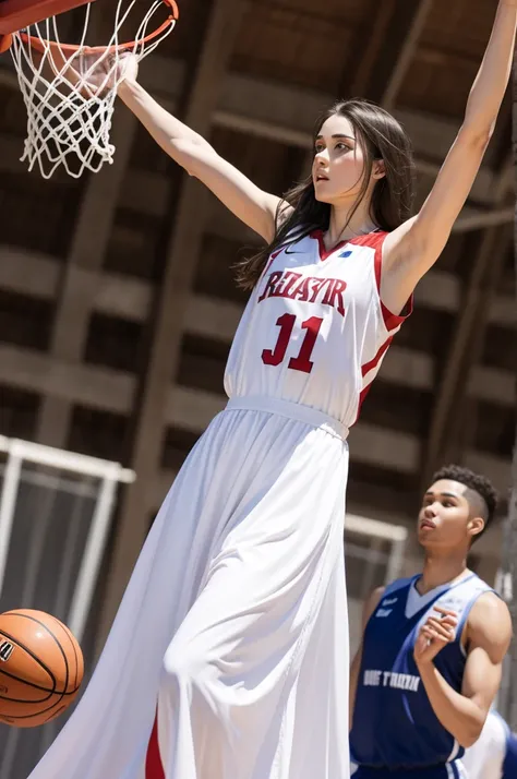 Jesus in long dress playing basketball 