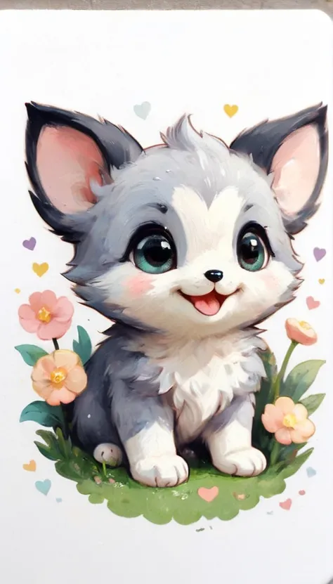 Sticker of a cute, round little animal with big, sparkling eyes and a gentle smile on its face. It has soft, pastel-colored fur. The small critter is surrounded by dainty, heart-shaped flowers in complementary pastel shades, adding to the stickers overall ...