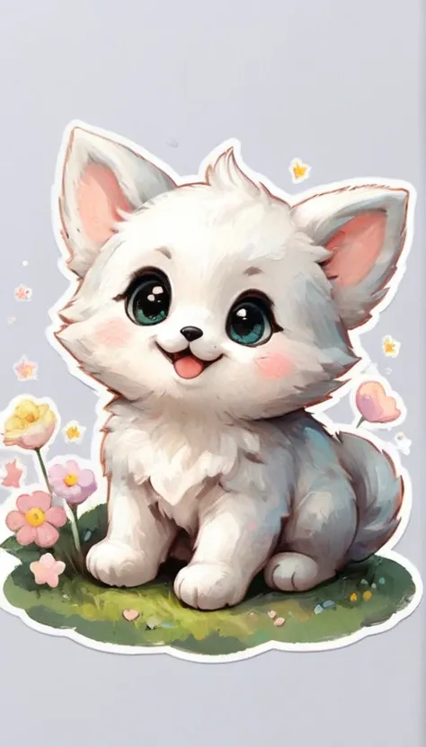 Sticker of a cute, round little animal with big, sparkling eyes and a gentle smile on its face. It has soft, pastel-colored fur. The small critter is surrounded by dainty, heart-shaped flowers in complementary pastel shades, adding to the stickers overall ...