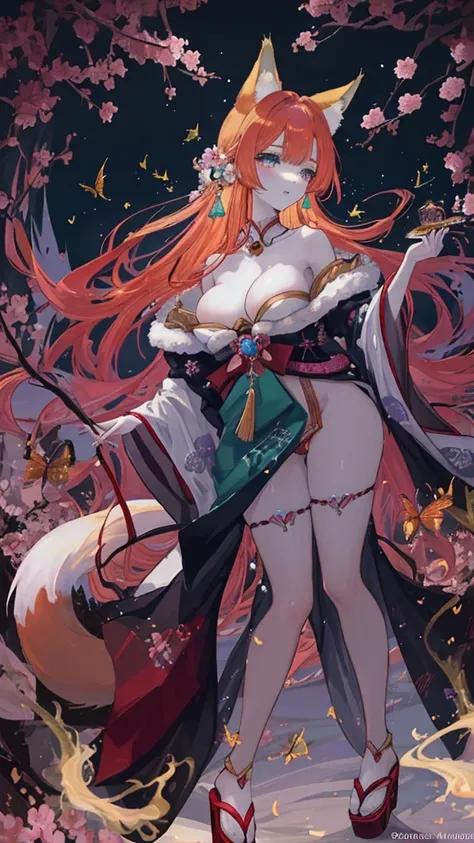 With delicately pointed fox-like ears atop her head and nine voluminous, fluffy tails cascading behind her, the enchanting figure before us embodies a mystical and ethereal beauty. This stunning portrayal, whether in a painting, photograph, or digital art,...