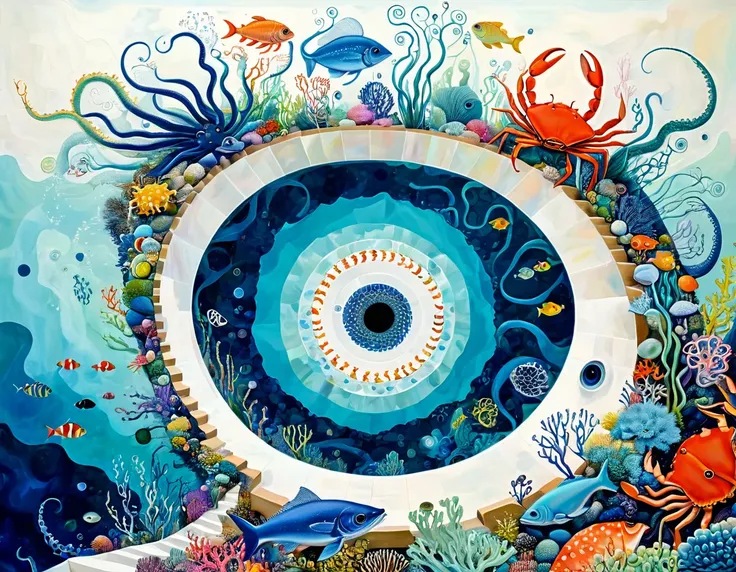 &quot;Dick Ellescas Artist Style&quot;,Swimming pool，Marine Life、Crab、fish，Tentacles，bird、Eye、autistic patient、diatom，Spiral Staircase，Stitching together an abstract painting，Describing the inner world of autistic people，Sense of space，White Space，interest...