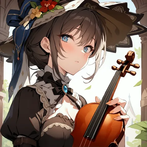 1girl, Masterpiece, best quality) (detailed and beautiful eyes:1.6) (perfect hands, perfect anatomy) (full body) big hat, older woman, bard outfit, holding a violin