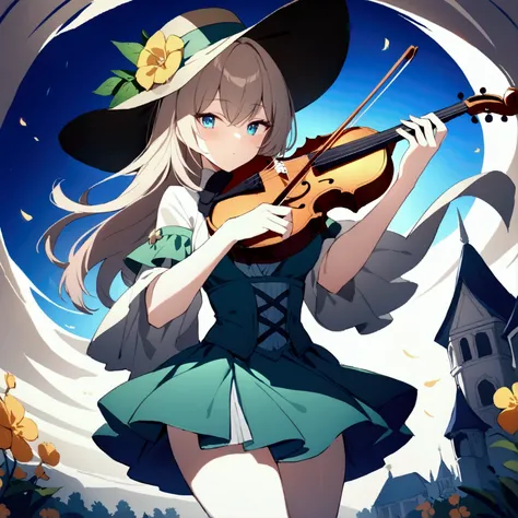 1girl, Masterpiece, best quality) (detailed and beautiful eyes:1.6) (perfect hands, perfect anatomy) (full body) big hat, older woman, bard outfit, holding a violin