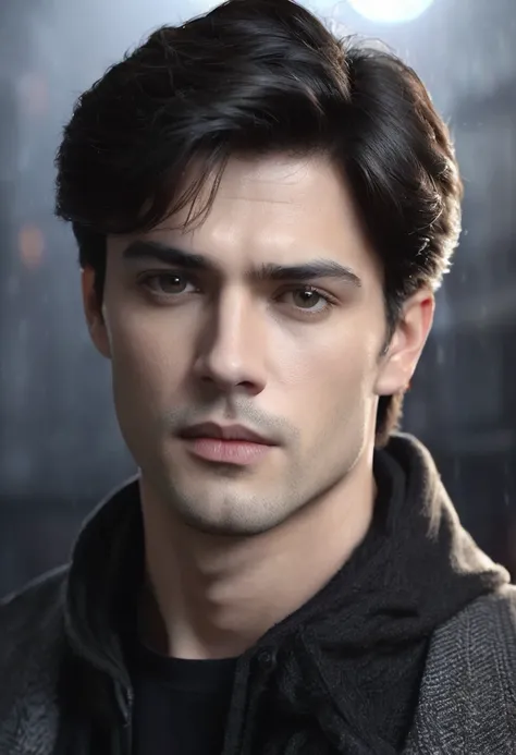 1 man, inside a dark house, wearing clothes in dark colors, simple and modern, detailed facial features, masculine eyes, detailed light skin, medium-length dark hair, strong and serious expression, dramatic lighting, cinematic composition, cold and dark , ...