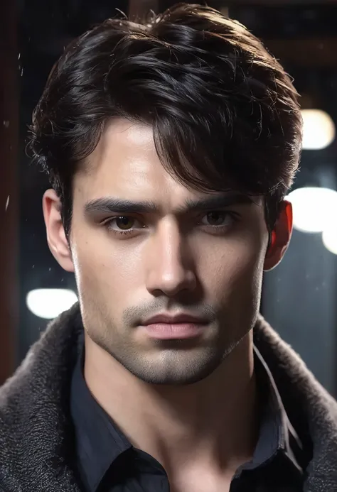 1 man, inside a dark house, wearing clothes in dark colors, simple and modern, detailed facial features, masculine eyes, detailed light skin, medium-length dark hair, strong and serious expression, dramatic lighting, cinematic composition, cold and dark , ...