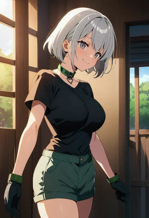 anime　anime　whole　Semi-short hair　Short Bob　Gray Hair　woman　Big Breasts　Gray Hair　Shorts　Black T-shirt　　anime 　whole body　　anime　whole body　smile　３３age　whole　anime画像　Black gloves　cool　　anime　グレーのShorts　　Big Breasts　anime　　anime　field　Black T-shirt　cool　ani...