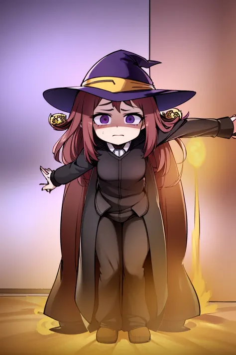 Witch Hat (Brown Hair) Long Hair (((Small breasts))) (Purple Eyes) (((child))) (Slanted Eyes) (((low length))) ,(Turn around)  (((solo))),  Embarrassed,  blush, uniform、 (((A girl farts)))Standing with legs together
、(Holding on)((Her butt is facing me))  ...