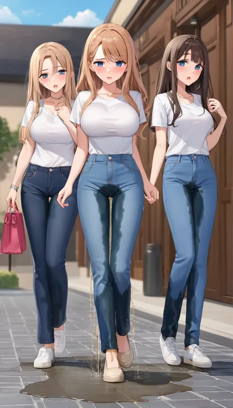 ((best quality, masterpiece:1.3, 8K)), (detailed), highly detailed face and skin texture, detailed eyes, full body, (slender body:1.1), (a group of 3 girls:1.5), 25 years old, white skin, bright lips, worried, embarrassed, panicking, long hair, (forehead:1...