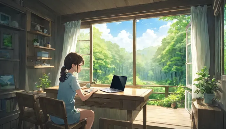 Window seat、Profile of a girl working on a laptop on a table、Outside the window is a forest in early summer、A table by the window in a cute room、