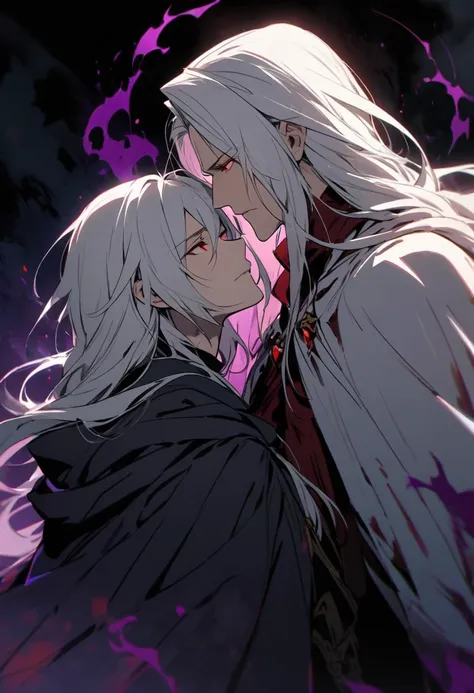 male, long hair, white hair, red eyes, cloak, dark aura, side view,  experienced, face close, mature