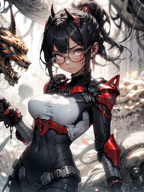 Be realistic，（masterpiece，Highest quality，Highest quality，Very detailed，Fractal Art，Most detailed，（Abstract background：1.5）（1 Girl），Glasses、Kamimei，（Black hair ponytail），（Red eyes glow、Big Breasts，Stunned)， Plump body、crystallization，Swimsuit、High leg、Sexy...