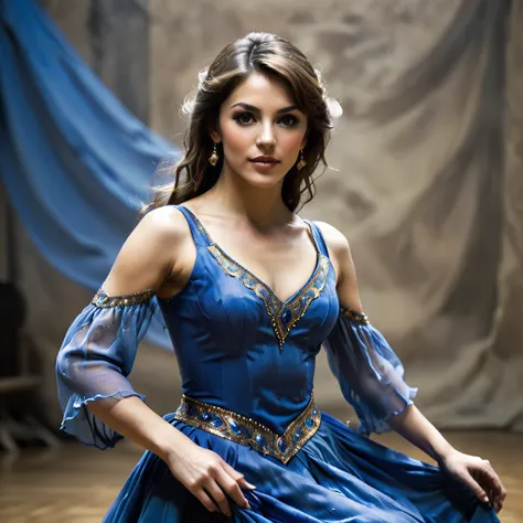 
bearded woman, medium-long brown hair, brown eyes, blue dancers dress