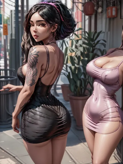 highly detailed portrait of 2 tatooed women, one black woman in a mini-dress and one Caucasian woman in a mini-dress, 2girls, by Atey ghailan, by greg rutkowski, by greg tocchini, by James gilleard, by Joe Fenton, by Kaethe butcher, voluptuous, super detai...