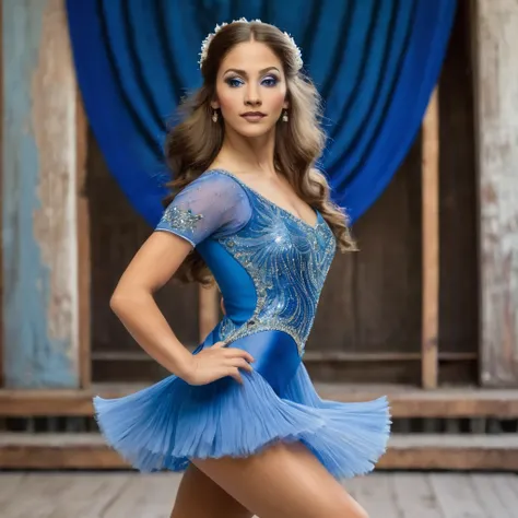 
bearded woman, medium-long brown hair, brown eyes, blue dancers dress