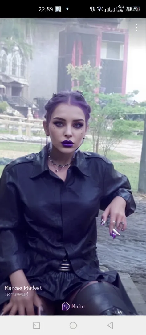 4D of a girl wearing a Gothic black leather dress with a combination of metallic purple. lots of rope accents and small chains. wearing black thigh high boots with purple laced accents. sharp facial makeup, purple lipstick with black edges.cross burial bac...