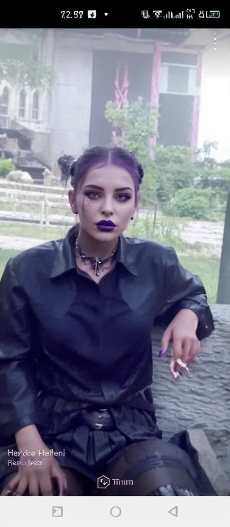 4D of a girl wearing a Gothic black leather dress with a combination of metallic purple. lots of rope accents and small chains. wearing black thigh high boots with purple laced accents. sharp facial makeup, purple lipstick with black edges.cross burial bac...