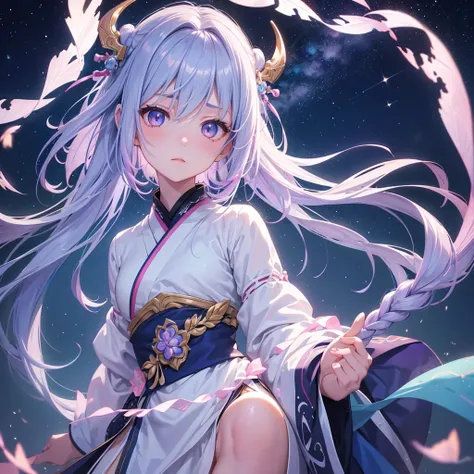 Sky blue braid,Pink Eyes,Fair skin ,(whole body),(One girl),Hanfu,Tanabata,(The beautiful, sparkling Milky Way in the night sky),Lonely Eyes,,(masterpiece, Highest quality, Very detailed, Best Shadow), (Detailed Background), (Beautifully detailed face), Hi...