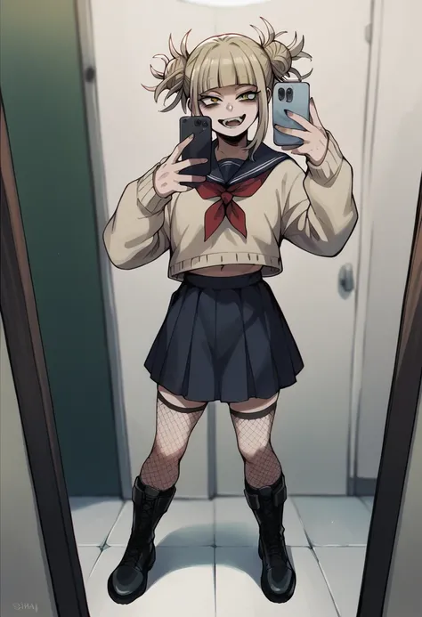 Himiko Toga wearing black with black skirt, black fishnet stockings and black boots taking a selfie (whole body)